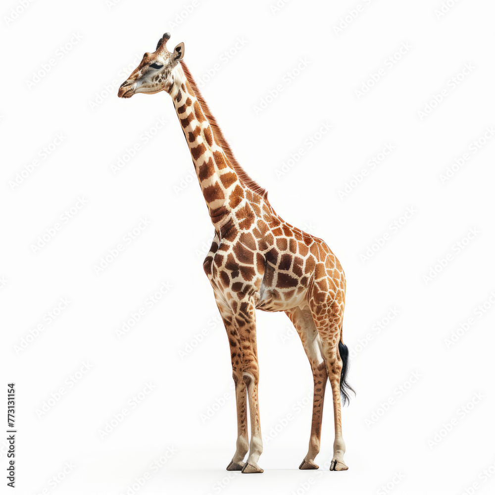 Majestic Giraffe standing, Side Profile on Pure White Background