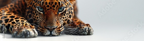 Photorealistic leopard, stealth pose, vibrant under natural lighting, white backdrop ,3DCG,clean sharp focus © Oranuch