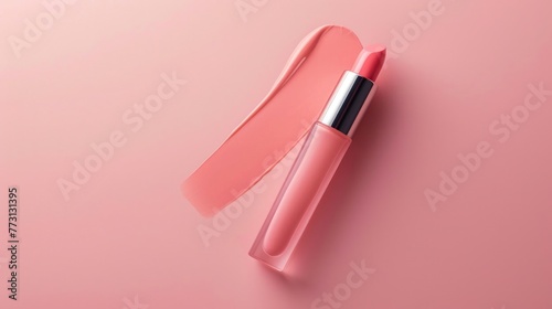 Lip gloss with a sample on a soft pink background with copy space. Cosmetic advertising background. Women's self-care and beauty.