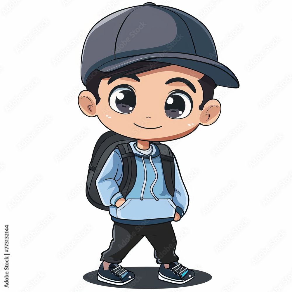 Islamic Schoolboy Cartoon Character in Blue Shirt, Black Pants, Cap, and Backpack Premium Vector Illustration for Microstock