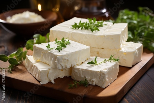 Traditional greek feta cheese on wooden board