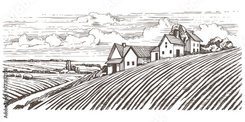 Rural landscape with a farm in engraving style. Hand drawn Illustration vector