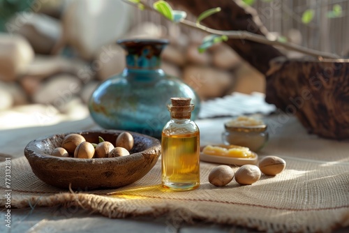 Argan oil bottle with kernels and soap in a warm, rustic setting.