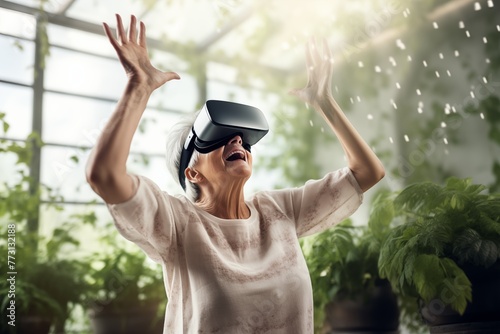Tech-Savvy Senior : Embracing modern technology, an elderly woman engages with a VR headset, exploring new realms of entertainment