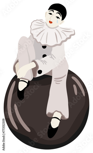 Pierrot. Sad clown sitting on ball. Vector isolated illustration.