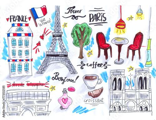 Travel city illustration paris france set