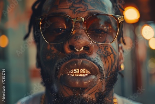 Rapper with face tattoos and golden grills on teeth wearing jewelry, black african-american