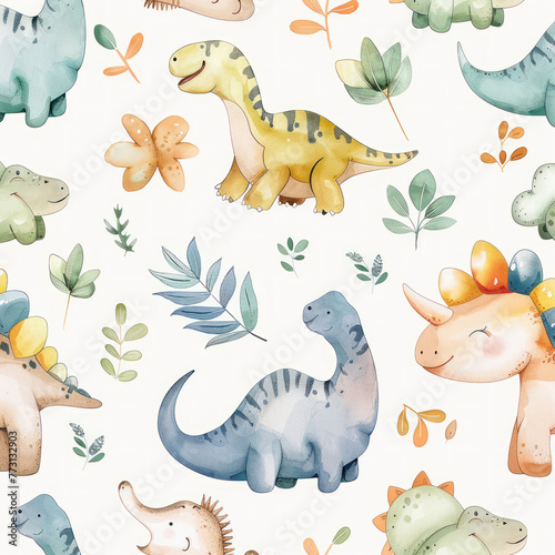 Cute cartoon watercolor dinosaur pattern. Watercolor childish dino set on white background. Dino print  sticker  poster  card  invitations  children books.