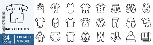 Baby clothes web line icons set. Bodysuit, coverall, romper, buster suit, newborn nest, girl dress vector illustrations. Editable Stroke