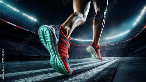 A close-up of a person's feet in red and green running shoes, running on a track. The runner's legs are the main focus of the image, with the shoes showing in detail. The background is a darkened.