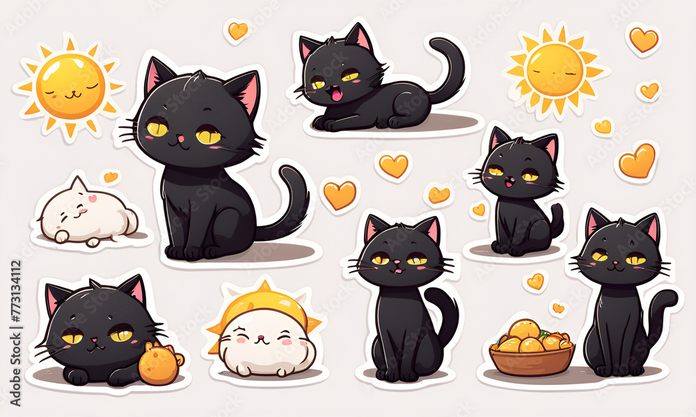 A little black cat lying in the sunshine, 9 postures and expressions, emoticons Emoji and ICON materials A little black cat lying in the sunshine, 9 postures and expressions, emoticons Emoji and ICON materials