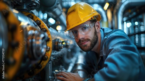 expert consultant checking industrial machinery inside a bright factory
