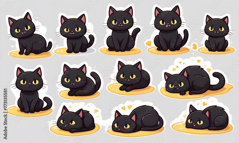 A little black cat lying in the sunshine, 9 postures and expressions, emoticons Emoji and ICON materials A little black cat lying in the sunshine, 9 postures and expressions, emoticons Emoji and ICON materials