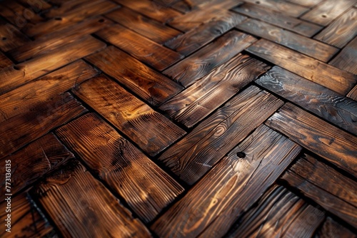 A textured parquet pattern with vintage charm, showcasing the beauty of aged wood flooring.