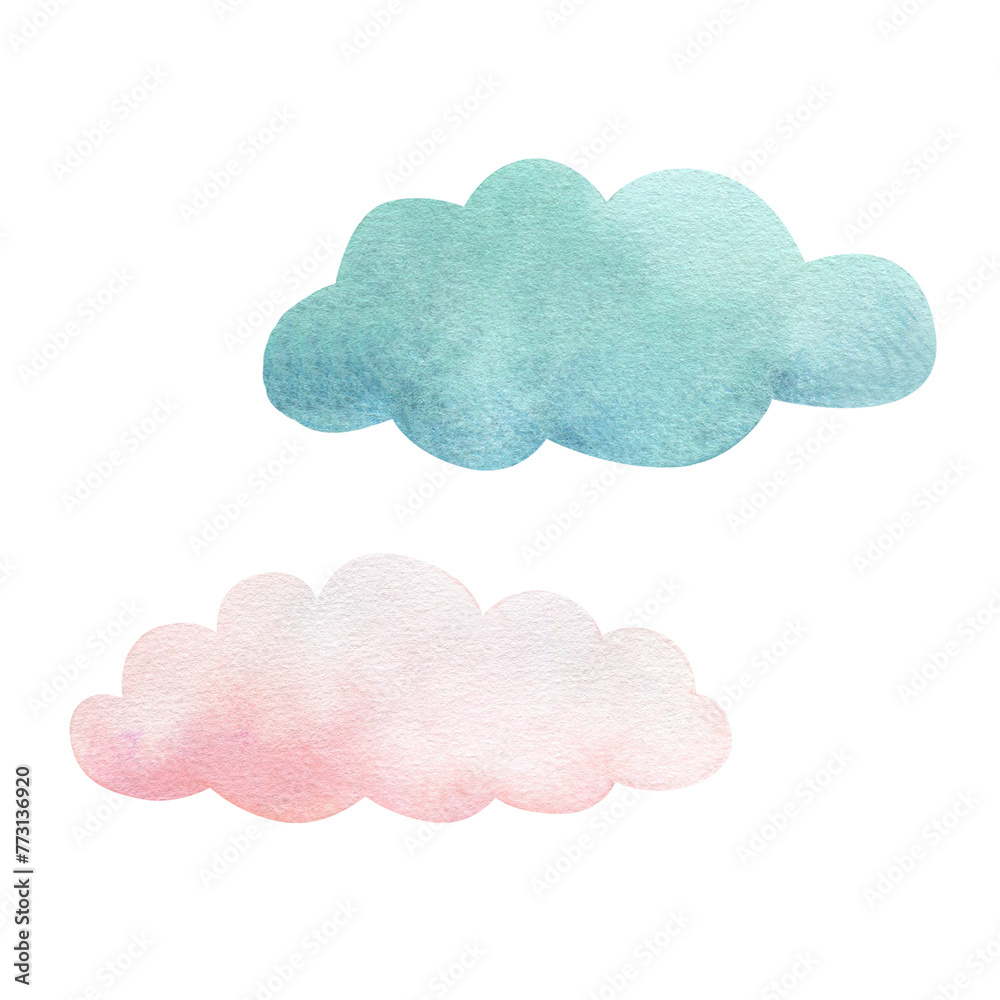 Watercolor illustration of stylized pink and blue cartoon clouds isolated, set. Watercolor texture, handmade