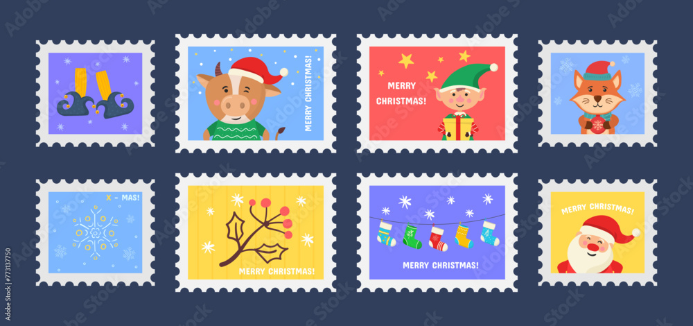 Christmas merry cute stamp with holiday symbols and decoration elements. Collection of postal stamps with Christmas decoration symbols. Vector illustration.
