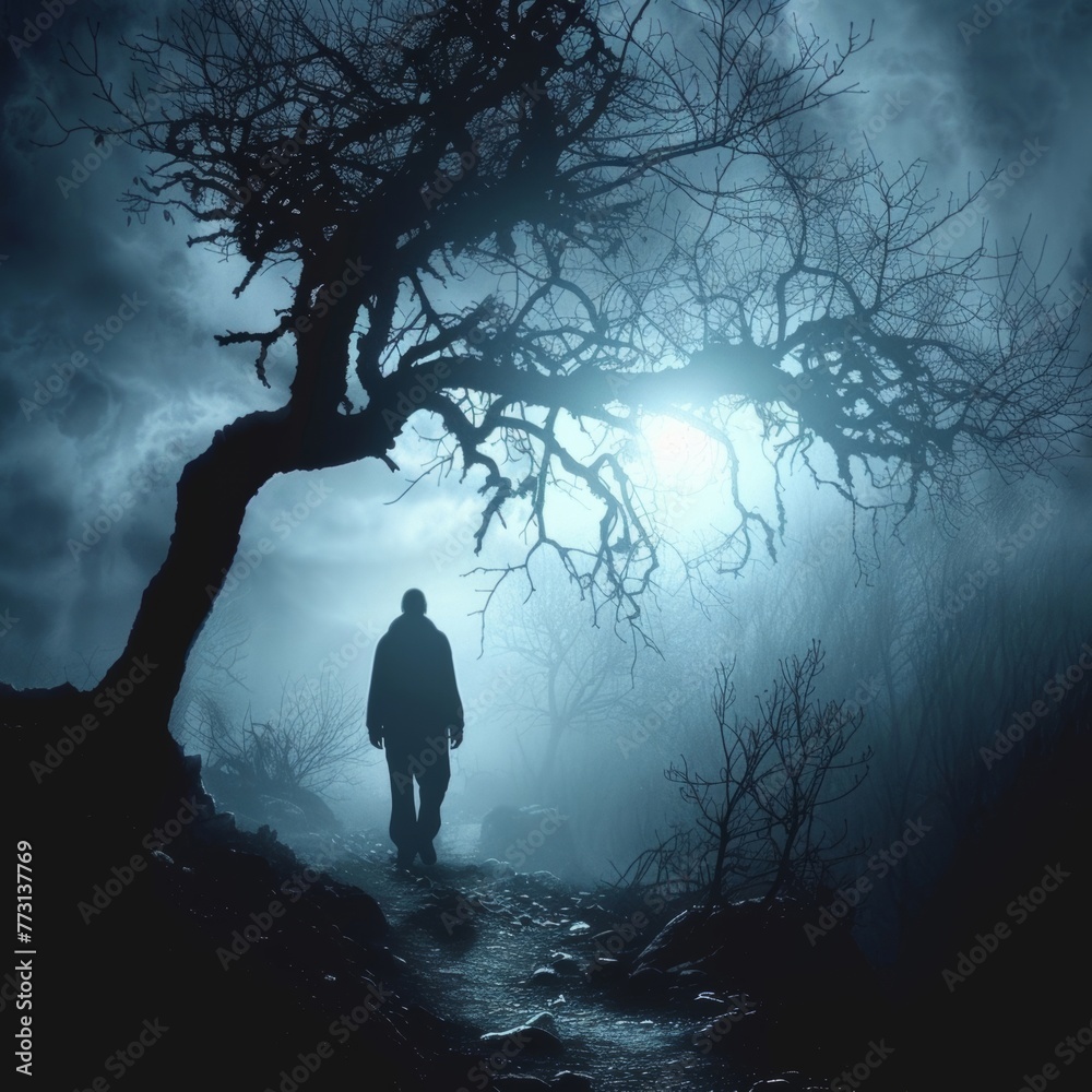 A lone man wanders through the eerie, moonlit forest, where ghostly whispers and chilling apparitions haunt the shadows. A lone man wanders through the eerie, moonlit forest, where ghostly whispers and chilling apparitions haunt the shadows.