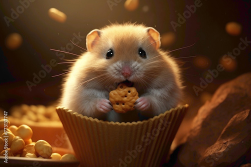 A tiny hamster stuffing its cheeks with seeds, captured mid-chew in exquisite detail, with its tiny paws delicately holding onto the tasty morsels. photo