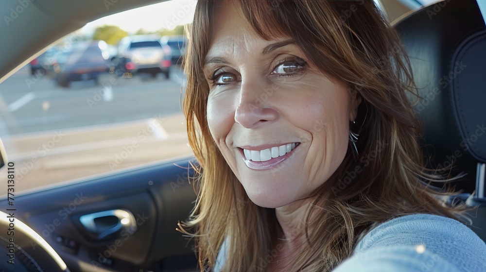 A woman is smiling in a car A woman is smiling in a car