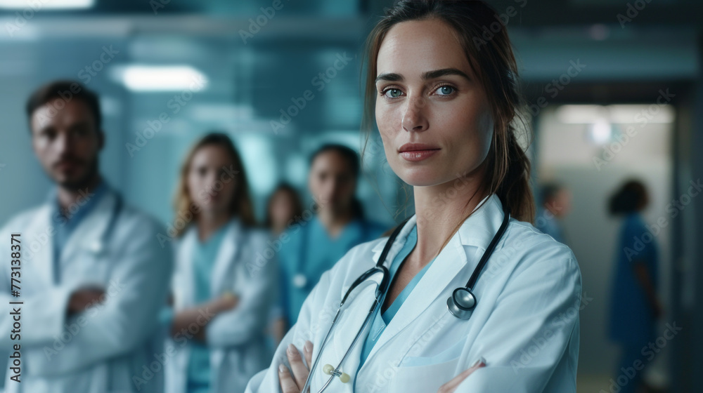 A group of doctors stand together in a hospital hallway A group of doctors stand together in a hospital hallway