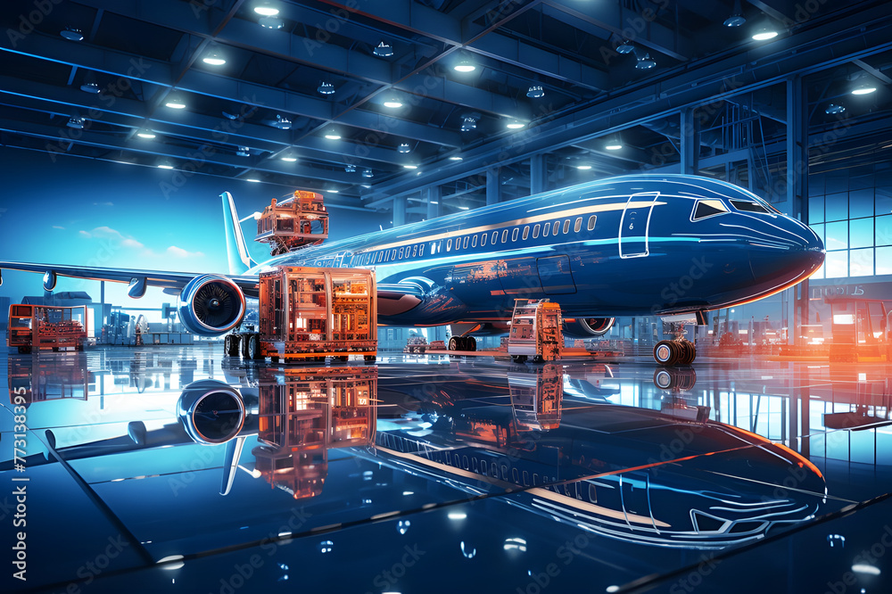 Holographic of digital airplane display is blue background. Commercial airplane. Parked for maintenance. Realistic clipart template pattern. Holographic of digital airplane display is blue background. Commercial airplane. Parked for maintenance. Realistic clipart template pattern.