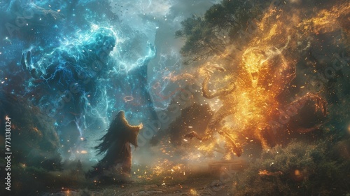 Wizards clash with powerful spells, summoning creatures and wielding ancient artifacts, while the golem stands guard over the mystical woods. photo