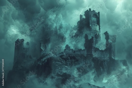 The ghostly figure of the undead king hovers menacingly above the crumbling remains of his once mighty castle, his ethereal form a haunting reminder of a long-lost kingdom.