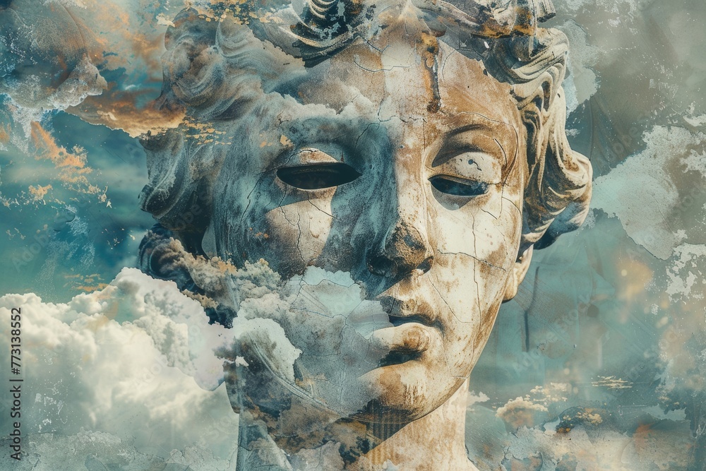 Ancient sculpture juxtaposed with abstract elements creates thought-provoking modern art. Ancient sculpture juxtaposed with abstract elements creates thought-provoking modern art.