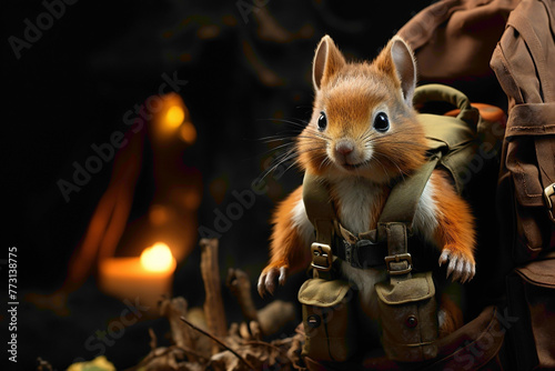 A tiny brown squirrel in a backpack, exploring a tree trunk on a brown background.