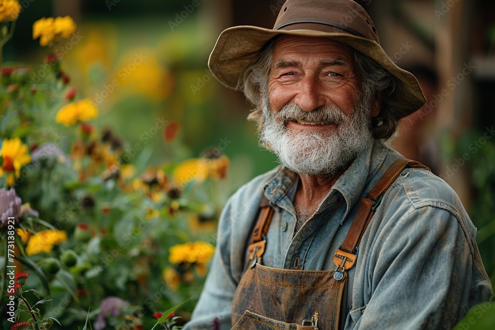 Senior caucasian male farmer smiling on a farm
