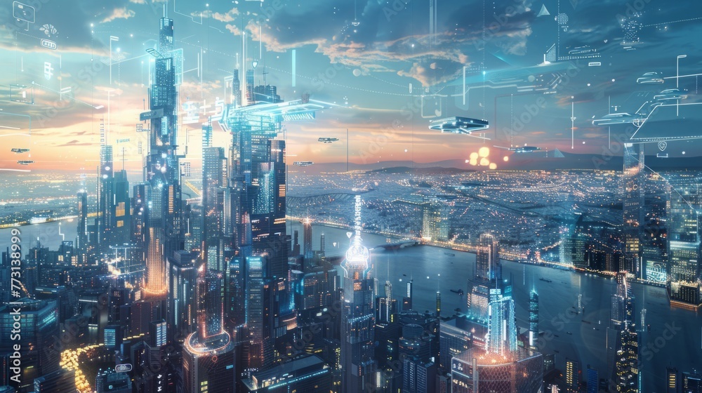 Fototapeta premium Futuristic City With Modern Buildings and Vibrant Lights