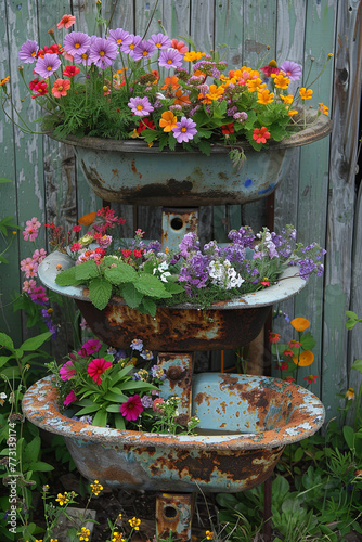 Reused garden design ideas. Old basin turn into garden flower pots. Recycled garden design, diy and low-waste lifestyle
 photo