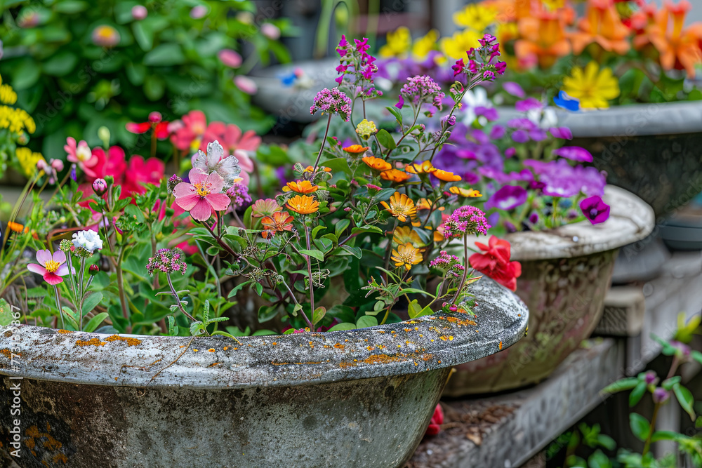 Reused garden design ideas. Old basin turn into garden flower pots. Recycled garden design, diy and low-waste lifestyle
