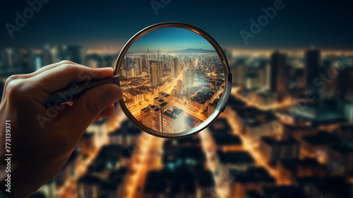 Hand holding a sharp magnifying glass inside the magnifying glass On the background of the city at night © BB_Stock