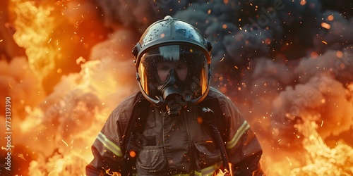 Firefighter in full gear battling flames in the background during an emergency situation. Concept Emergency Response, Firefighter In Action, Flames, Safety Gear, Intense Situation