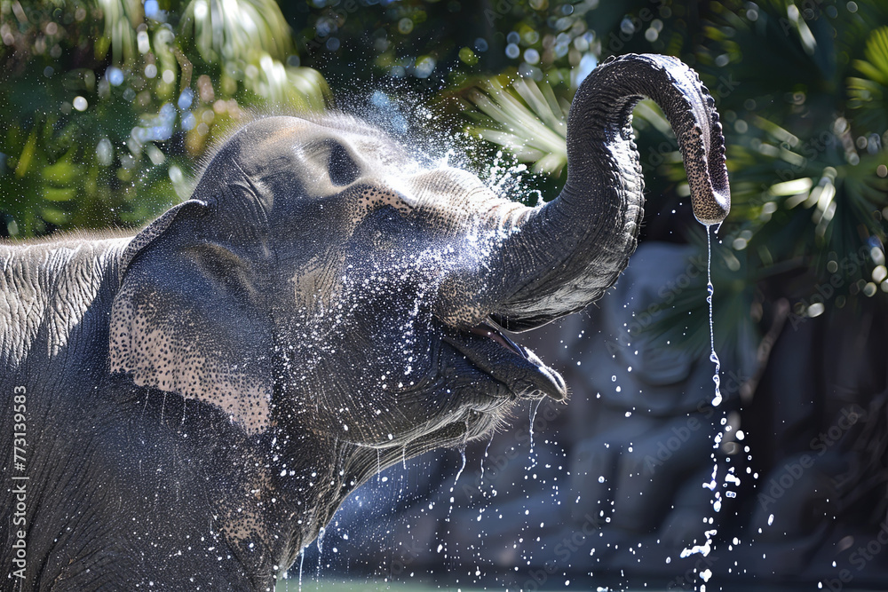 A hot summer afternoon, and this elephant was thirsty, and playing with water
 - obrazy, fototapety, plakaty 