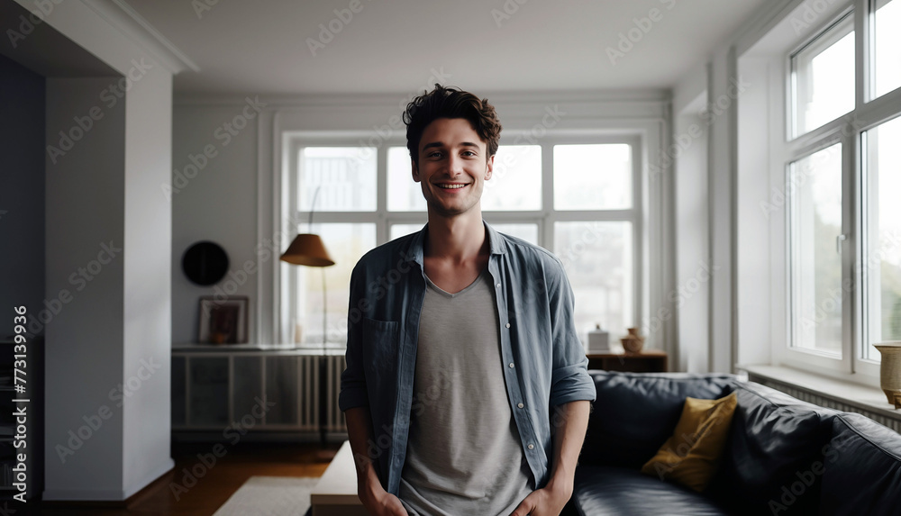 Fototapeta premium A young man happy male model in his home or house concept