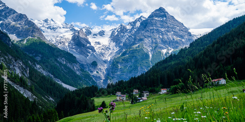 Landscape of the Alps. Snow-capped mountain peaks and beautiful meadows. Freedom, tourism, travel. Peaks on a background of white clouds and blue sky. Green hills and dense forests on the slopes. © eskstock