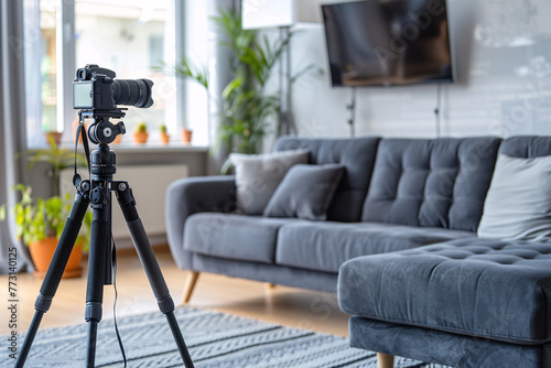 Modern bright interior with sofa and camera on the tripod