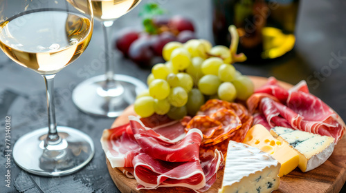 Two glasses of wine with assorted cheese and cold cuts.