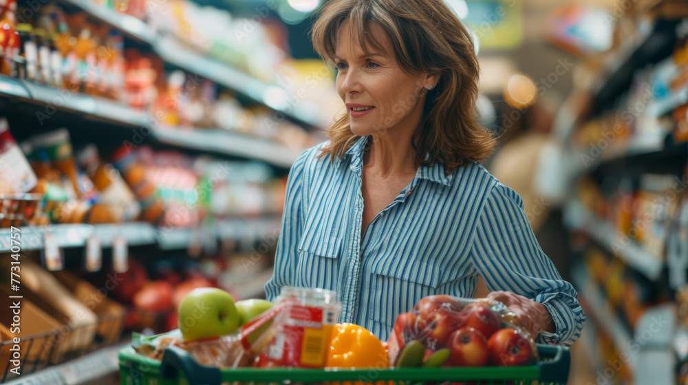 A woman reaches for an item in a grocery store refrigerated section while pushing a cart filled with fresh vegetables.