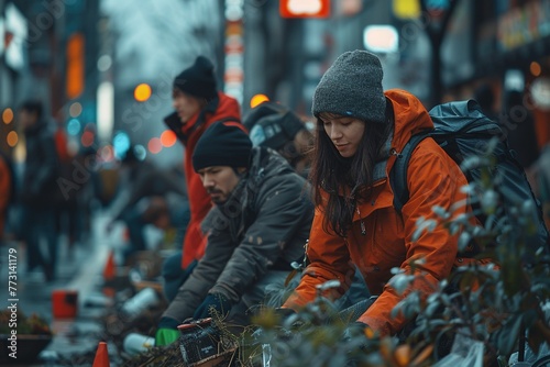 Small group of volunteers cleaning the city streets