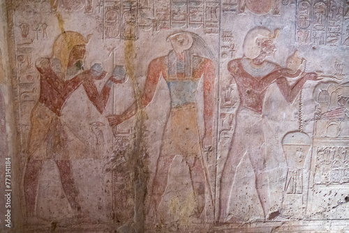 Hieroglyphs and drawings of Egyptian gods, Ancient Egypt, Aswan