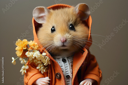 A sweet hamster dressed in a contemporary outfit, photographed against a clean white background, offering a cute and fashionable animal portrait.