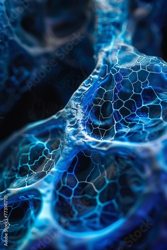 Alveolar cells in lung gas exchange, closeup, vibrant blue oxygen flow, dark respiratory backdrop, sharp detail
