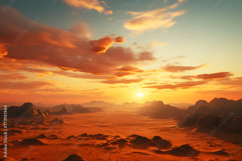 Naklejka premium Desert hill under blue sky with golden sunlight like setting sun. Orange sand texture in Empty Quarter Desert Sand dunes. Abstract sand texture background. Realistic clipart template pattern.