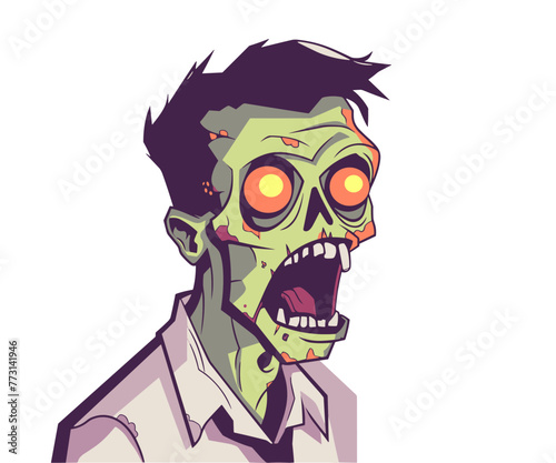 A cartoon flat vector illustration of a green zombie with glowing yellow eyes. Creepy monster character. Happy Halloween holidays.
