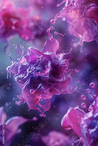 Cytolytic action of natural killer cells, zoom in, bright purple and pink elimination, sharp clarity, defense mechanism