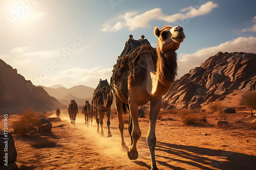 Brown camels walking in line in desert during the sunset time gold. Mountains and yellow evening sky in the background. Camelidae are highly tolerant animals. It can live in remote places. photo