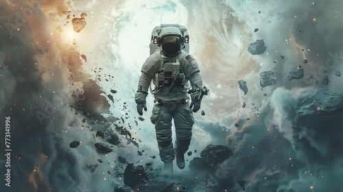 Astronaut steps into a galactic universe through a torn white wall, embodying adventure.